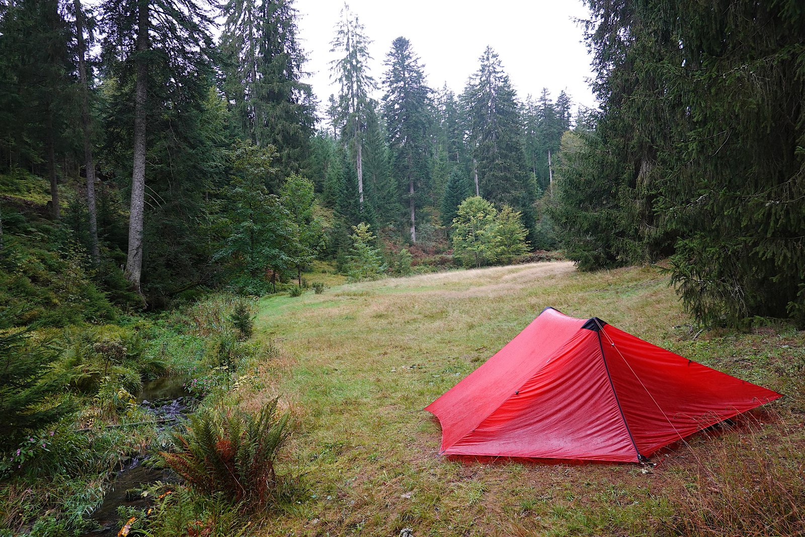 Kleine tent bij zonsopgang in een afgelegen natuurgebied